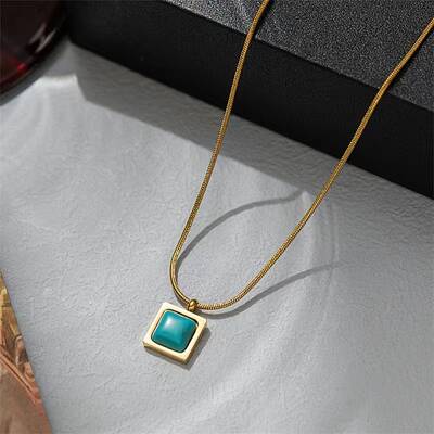 Stainless Stee Pave Synthetic Turquoise Square Pendant Snake Chain Necklaces for Women