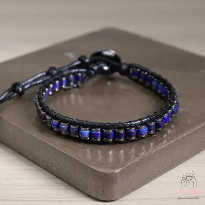 Lapis Lazuli Bracelet Blue Lapis Hematite Bracelet Healing Crystal Barrel Gemstone Leather Bracelets Minimalist Style Gift fo...