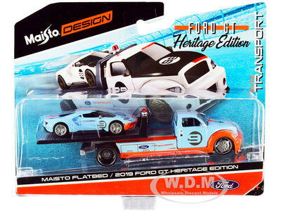 2019 Ford GT 9 Heritage Edition with Flatbed Truck Light Blue and Orange \