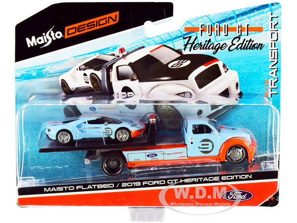 2019 Ford GT 9 Heritage Edition with Flatbed Truck Light Blue and Orange \