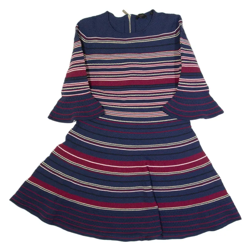 TED BAKER Womens Skater Dress Blue Striped Knee Length L