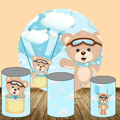 Aperturee Blue Hot Balloon And Bear Round Baby Shower Backdrop Kit | Circle Backdrop Baby Shower | Round Backdrop Baby Shower...