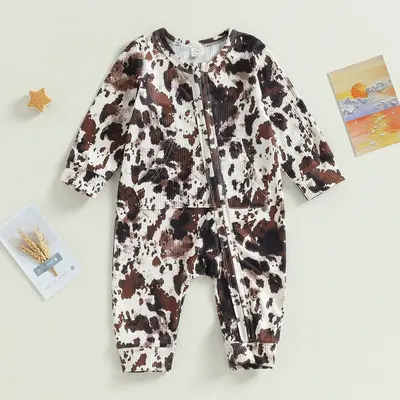 Western Baby Cowboy Clothes Zipped Fall Romper Outfit for Boy Girl Infant Cow Print Jumpsuit