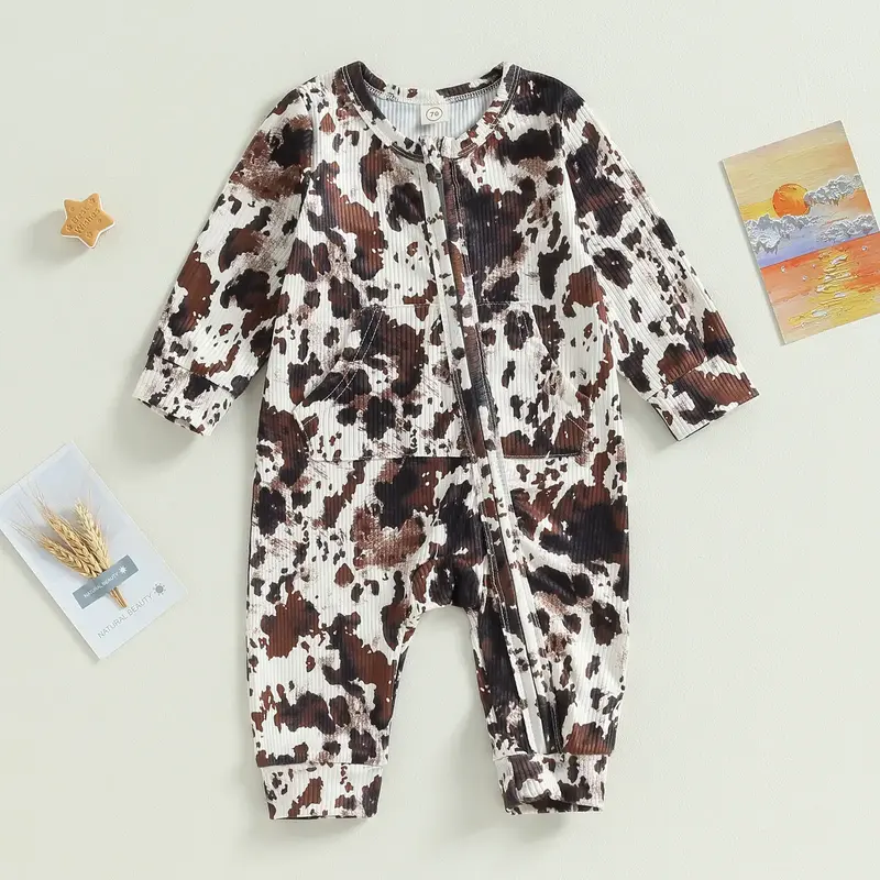 Western Baby Cowboy Clothes Zipped Fall Romper Outfit for Boy Girl Infant Cow Print  Jumpsuit