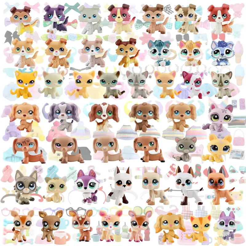 littleshop 3 pc random animal cat and dog action figures and random 7 pc accessories for lps collection