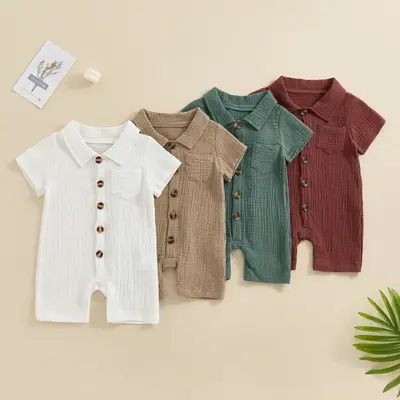 Summer Baby Boy Cotton Linen Jumpsuit Solid Color Short Sleeve Lapel Button Down Playsuit Romper  Outfit 0-24M Coveralls