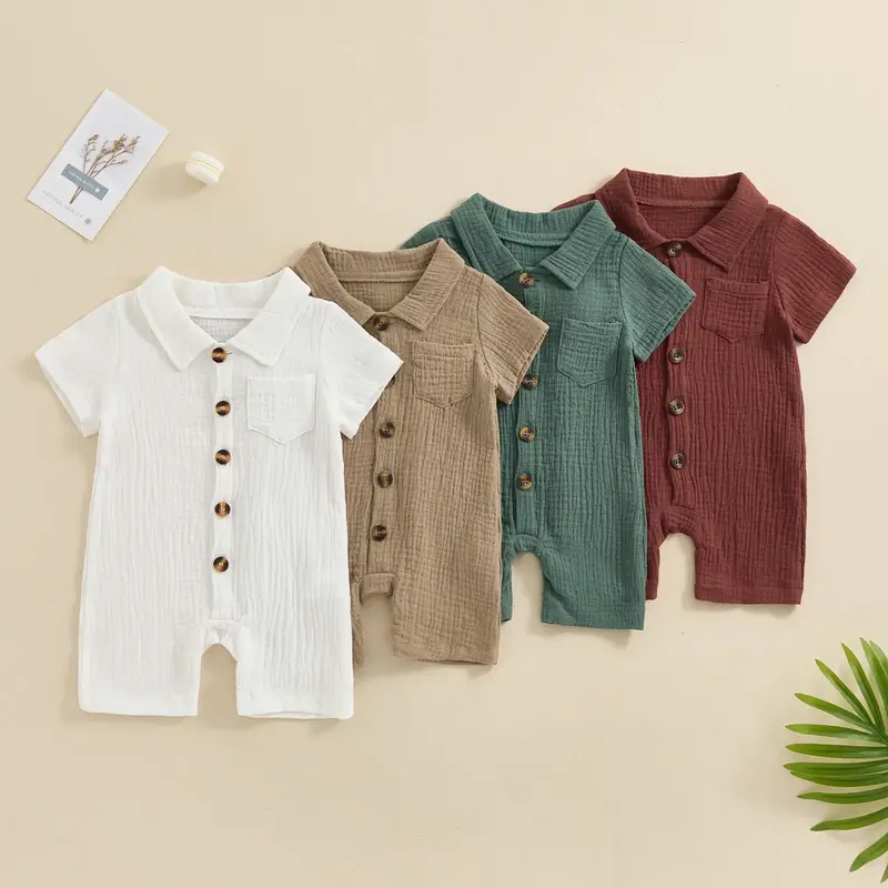 Summer Baby Boy Cotton Linen Jumpsuit Solid Color Short Sleeve Lapel Button Down Playsuit Romper  Outfit 0-24M Coveralls