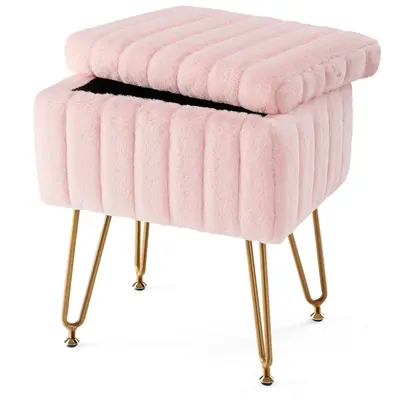 【Deal】Vanity Stool Chair with Storage, Ottoman Faux Fur Soft Padded Makeup Footstools Seat with 4 Metal Legs Anti-Slip Ad...