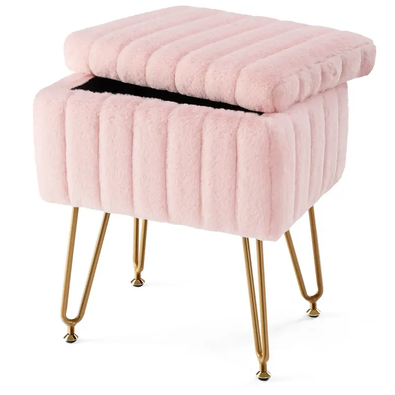 【Deal】Vanity Stool Chair with Storage, Ottoman Faux Fur Soft Padded Makeup Footstools Seat with 4 Metal Legs Anti-Slip Ad...