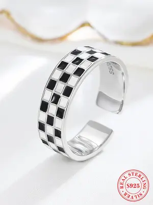 S925 Sterling Silver Fashionable Checkerboard Pattern Cuff Ring, Adjustable Open Ring, Fashion Jewelry Accessories for Women ...