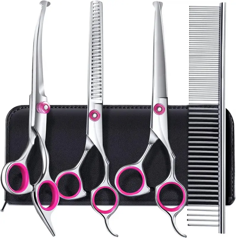 5-in-1 Professional Dog Grooming Scissors Kit – Pet Grooming Shears with Safety Round Tips, Titanium-Coated Stainless Steel...