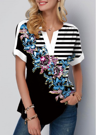 Modlily Striped Floral Print Split Neck Black T Shirt - L