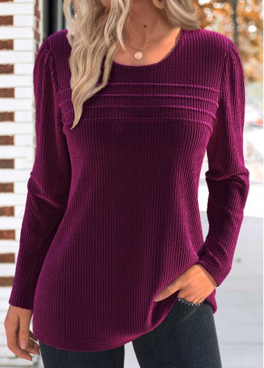 Modlily Dark Reddish Purple Tuck Stitch Long Sleeve T Shirt - M