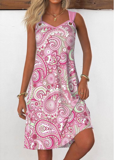 Modlily Pink Eyelet Tribal Print A Line Sleeveless Dress - L