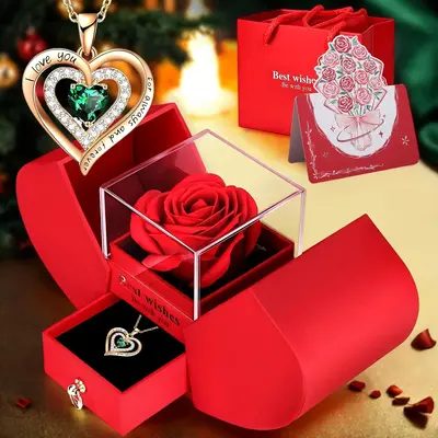Rose Party Gift Box with Necklace, 1 Set Romantic Rose Gift Box with I Love You Jewel Necklace, Gift for Mom, Wife, Girlfrien...