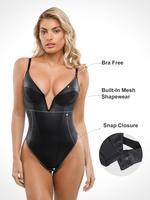 The Popilush Deep V-Neck Leather Shapewear Thong Bodysuit