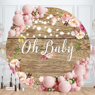 Aperturee Pink Floral Round Wooden Baby Shower Backdrop