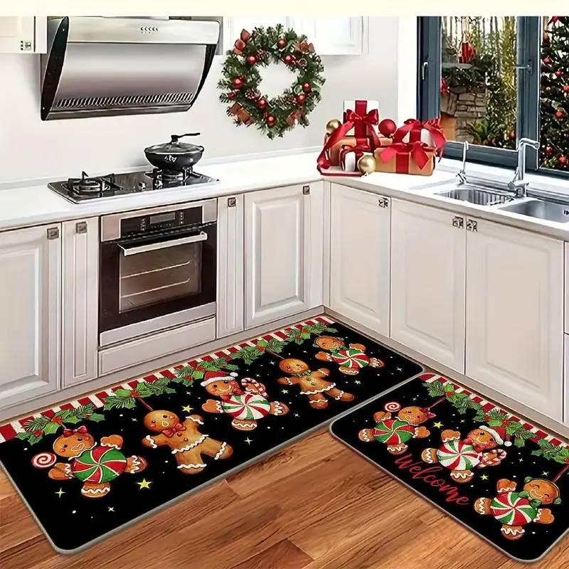 Christmas Themed Kitchen Mat, 2 Counts/set Non-slip Soft Kitchen Rug, Decorative Floor Mat for Home Kitchen Living Room Bedro...