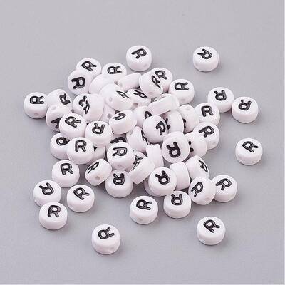 Flat Round with Letter R Acrylic Beads