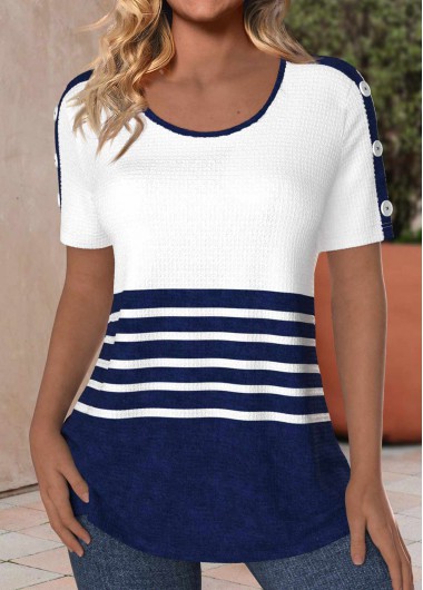 Modlily Navy Button Striped Short Sleeve Round Neck T Shirt - XXL