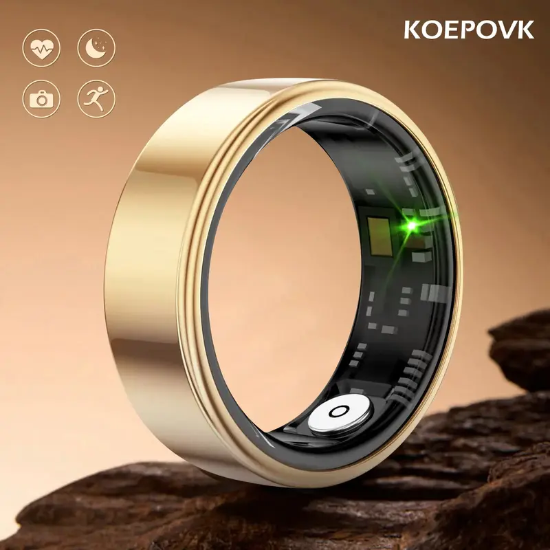 KOEPOVK Smart Ring Waterproof Bluetooth Tracker for Men and Women – Gold Color, IP68 Fitness Health Monitor with Heart Rate...