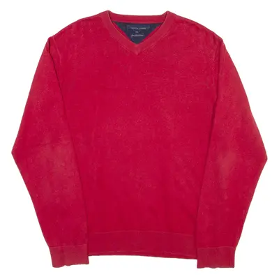 TOMMY HILFIGER Mens Jumper Red V-Neck Tight Knit XL