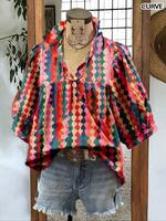 Women's Ruffled Trim Blouse, Casual V Neck Nine-point Sleeve Top for Summer, Women's Clothing for Daily Wear, Boho Floral Pri...