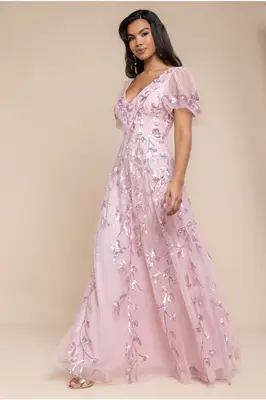 Goddiva Flared Sleeve Embroidered Maxi Dress - Blush Pink