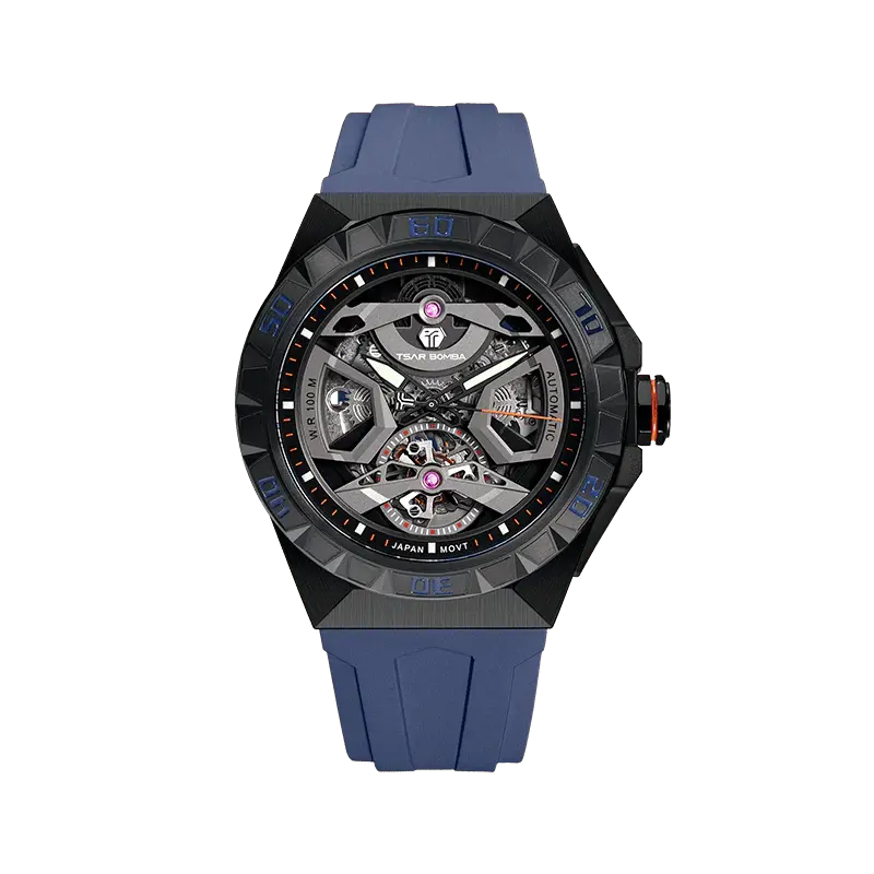TSAR BOMBA Elemental Series Blue Men's Automatic Mechanical Watch 閳ワ拷Stainless Steel Bezel & Case, Skeleton Dial, Sapph...
