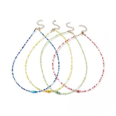 Lampwork Evil Eye & Glass Seed Beaded Necklace with 304 Stainless Steel Clasp for Women