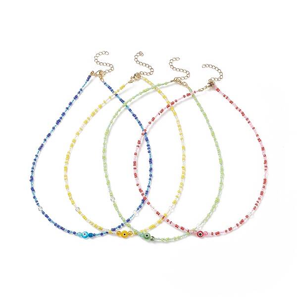 Lampwork Evil Eye & Glass Seed Beaded Necklace with 304 Stainless Steel Clasp for Women