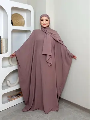 Women's Solid Color Zipper Front Batwing Sleeve Abaya & Hijab Two-Piece Set, Modest Long Sleeve Round Neck Maxi Abaya & Hijab...