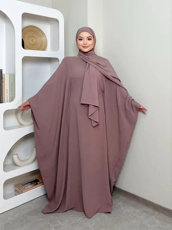 Women's Solid Color Zipper Front Batwing Sleeve Abaya & Hijab Two-Piece Set, Modest Long Sleeve Round Neck Maxi Abaya & Hijab...