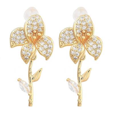 Brass Micro Pave Clear Cubic Zirconia Stud Earrings