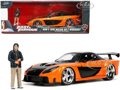 1995 Mazda RX-7 Widebody RHD (Right Hand Drive) Orange Metallic and Black with Han Diecast Figurine \