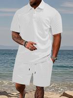 Men's Solid Jacquard Short Sleeve Tee & Shorts Set, Loose Casual Round Neck T-shirt & Shorts, Men's Summer Clothes for Beach ...