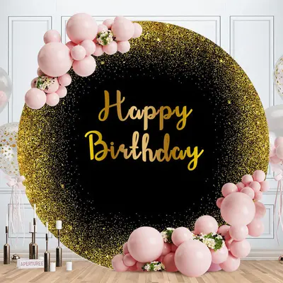 Aperturee Black And Golden Glitter Round Happy Birthday Backdrop