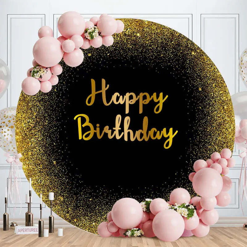 Aperturee Black And Golden Glitter Round Happy Birthday Backdrop