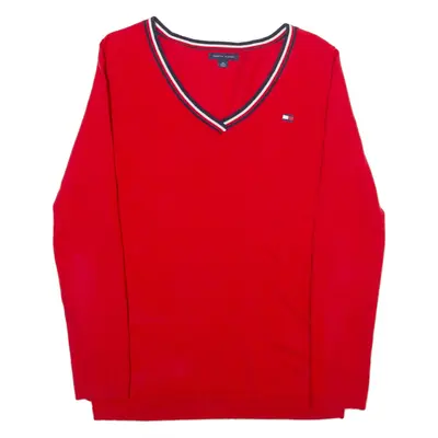 TOMMY HILFIGER Womens Jumper Red V-Neck Tight Knit XS