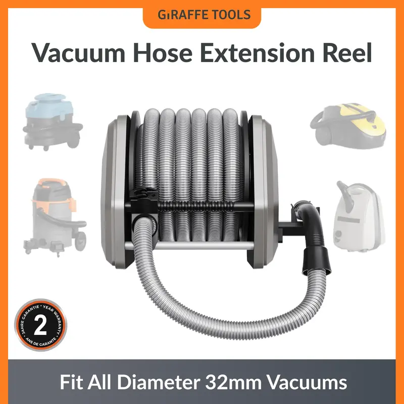 Giraffe Tools Vacuum Hose Extension Reel with 30FT Hose, 1-1/4'' Wall Mount Vacuum Hose Reel, Suitable for Diameter 32mm Wet ...