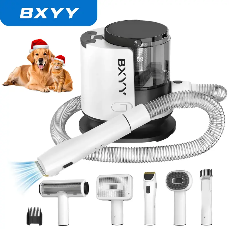 Dog grooming kit with vacuum suction removes 99% of pet hair. Includes a 1.5L dust cup, clippers, 5 grooming tools, and a bru...