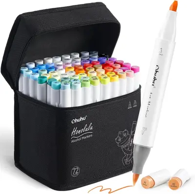 Ohuhu 72-Color Alcohol Markers Set with Dual Tips, Brush & Chisel, Brush & Fine, Refillable Ink - Perfect for Sketching, Draw...