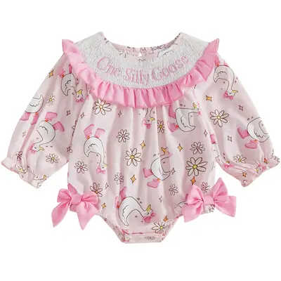 Toddler Infant Baby Girl Fall Winter Smocked Bow Bubble Romper One Silly Goose Embroidery Long Sleeve Onesie Bodysuit Cute Ou...