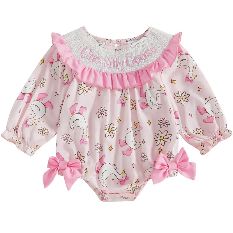 Toddler Infant Baby Girl Fall Winter Smocked Bow Bubble Romper One Silly Goose Embroidery Long Sleeve Onesie Bodysuit Cute Ou...