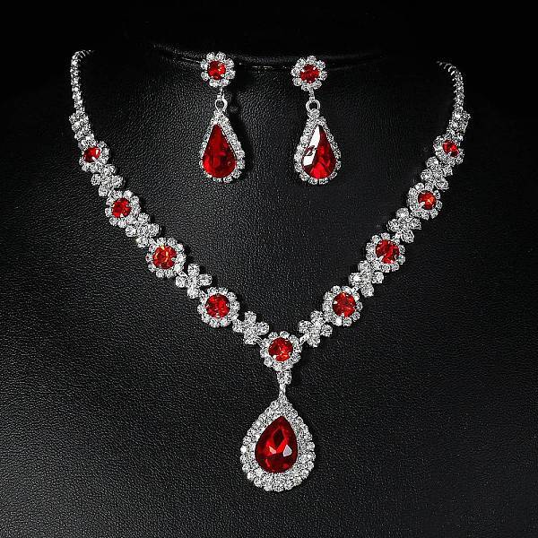 Teardrop Alloy Rhinestone Necklaces & Stud Earring Sets for Women