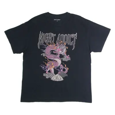 NIGHT ADDICT Dragon Print Mens T-Shirt Black Crew Neck L