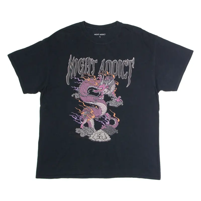 NIGHT ADDICT Dragon Print Mens T-Shirt Black Crew Neck L