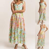 Women Floral Tie Shoulder Dress, V Neck Sleeveless Open Back Tiered Ruffle Long Dress for Daily Party Travel, Ladies Dress fo...