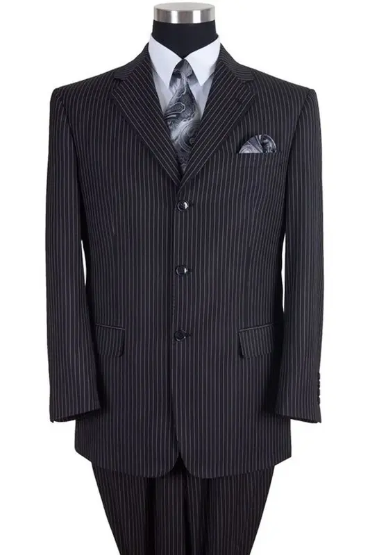 Classic Fit Men's 3-Button Banker Pinstripe Suit - Black