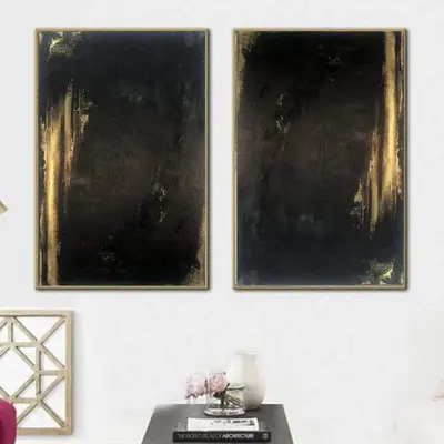 Large Original Gold Leaf Painting Set Of 2 Artwork Black Wall Painting Oversized Paintings On Canvas Creative Texture Art | D...